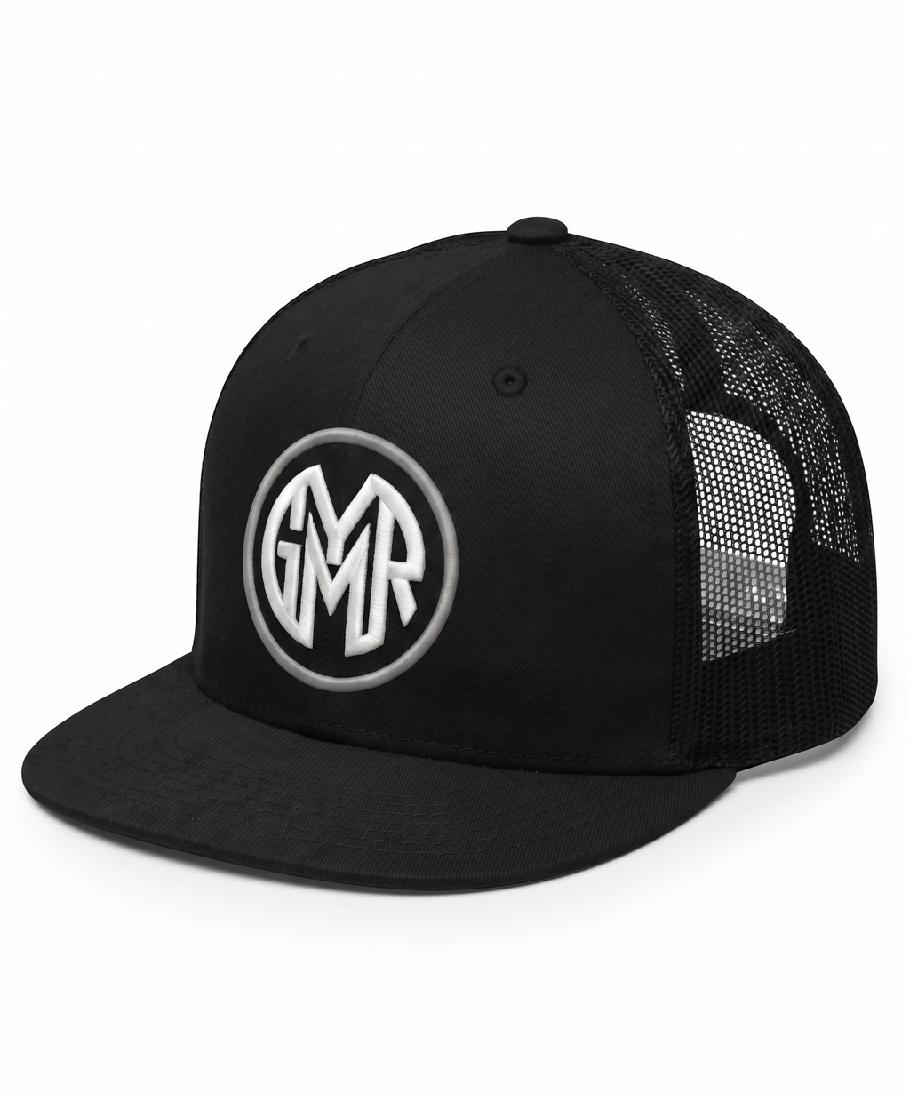 Black GYMR trucker cap with a white logo on a white background
