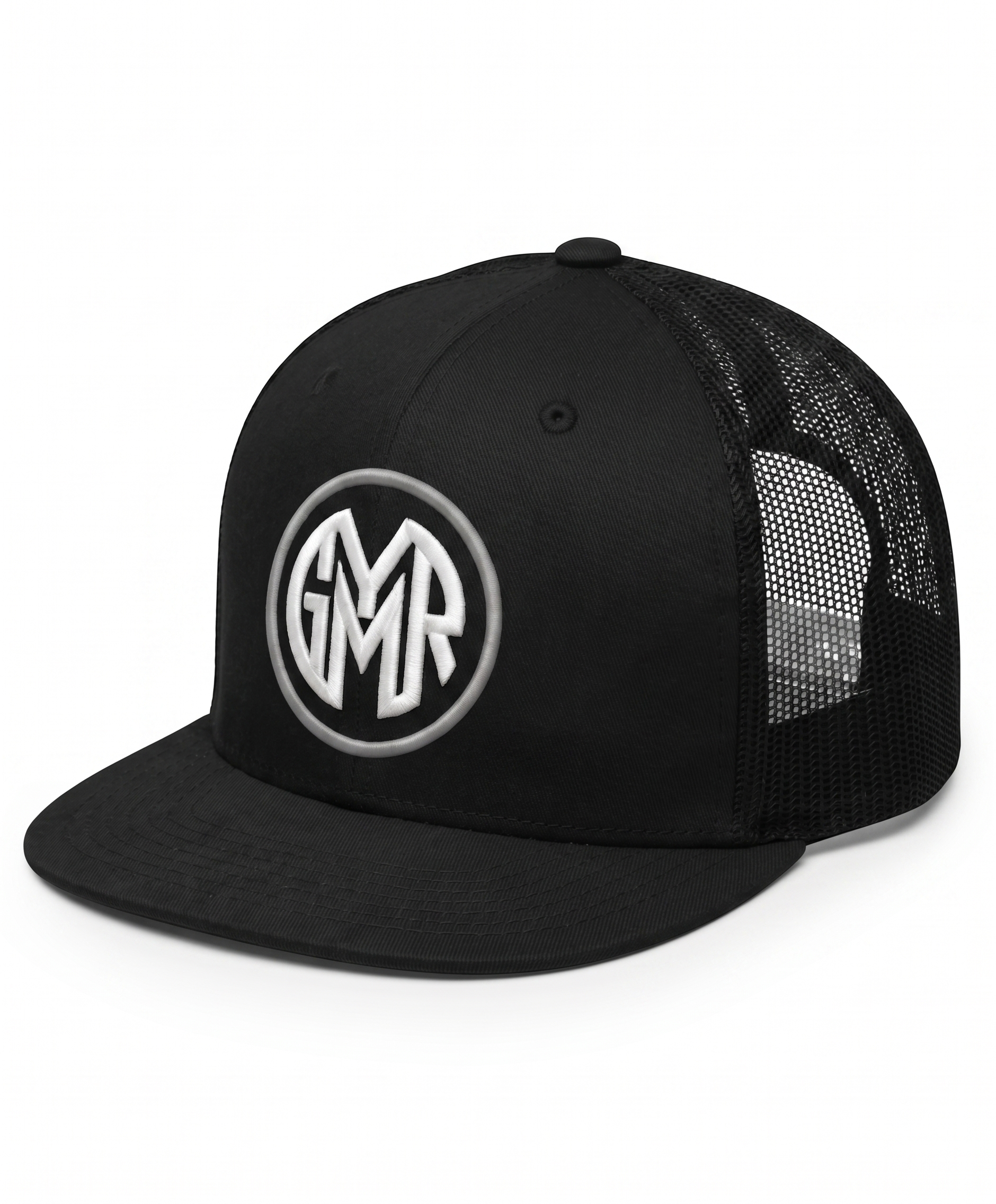 Black GYMR trucker cap with a white logo on a white background