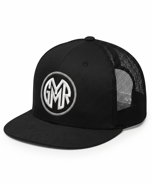 Black GYMR trucker cap with a white logo on a white background