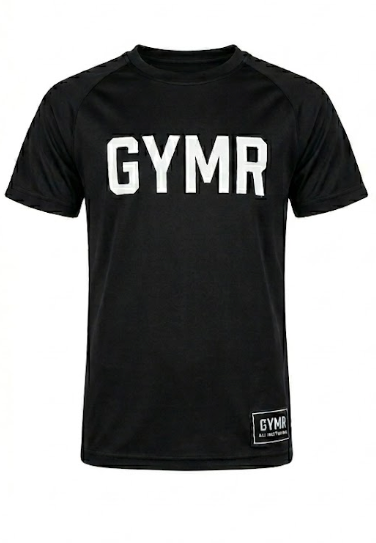 Black GYMR t-shirt on white background