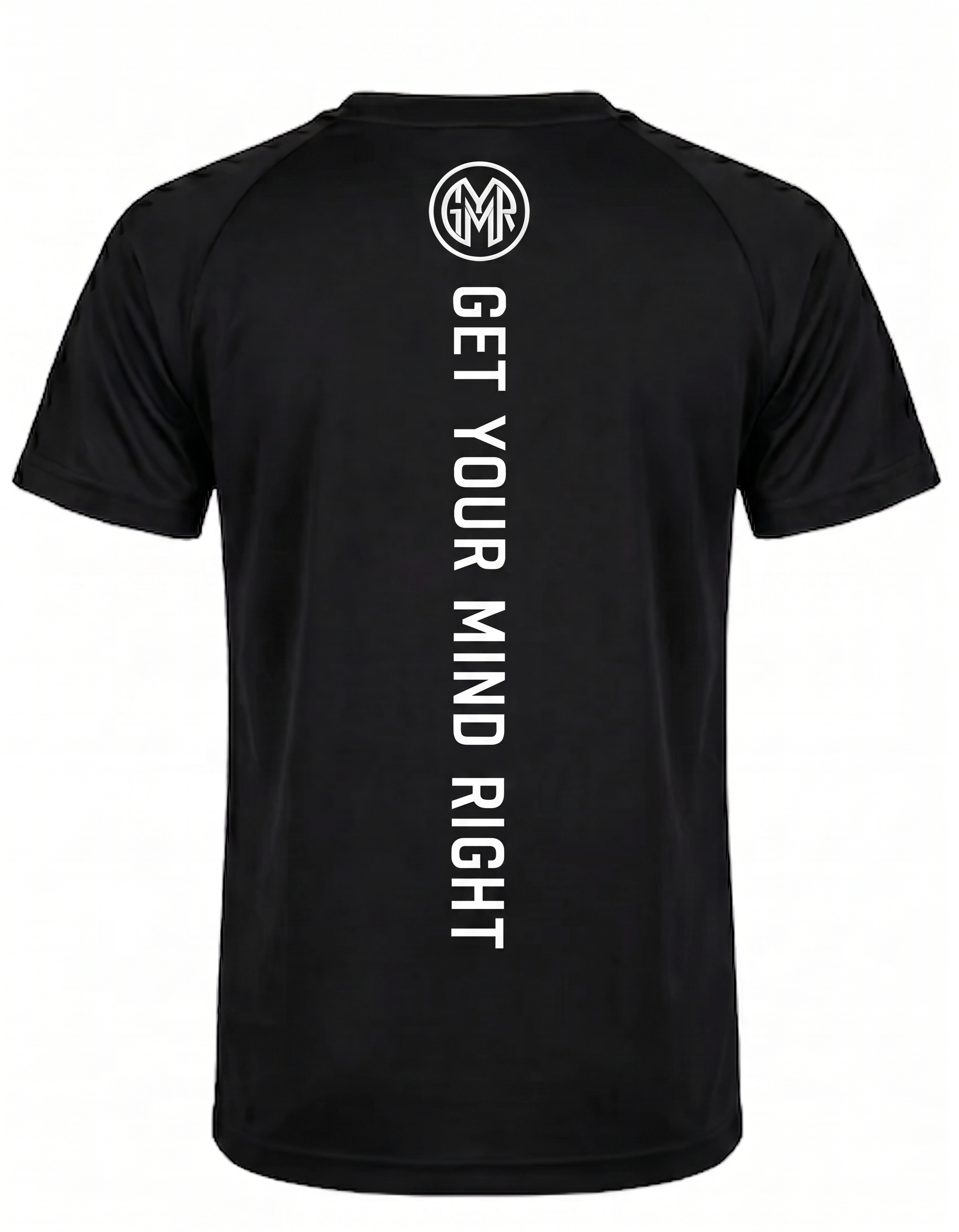 Black t-shirt with 'Get Your Mind Right' text and logo on a white background