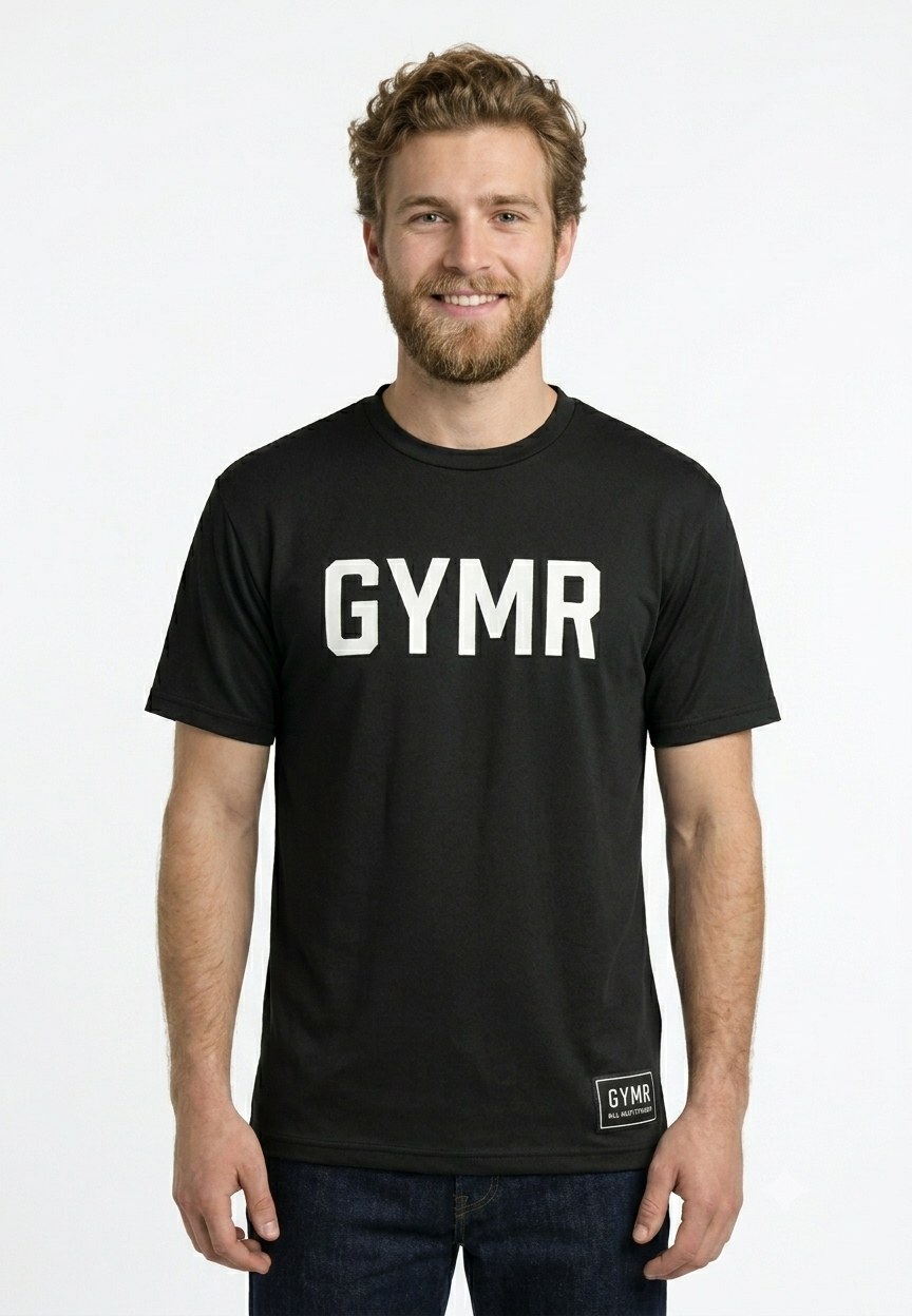 Man wearing a black t-shirt with 'GYMR' printed on it against a white background