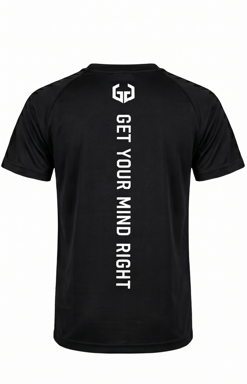 Black GYMR t-shirt back text on white background