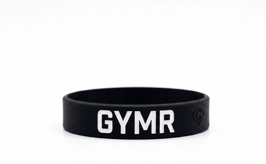 Black GYMR wristband on white background