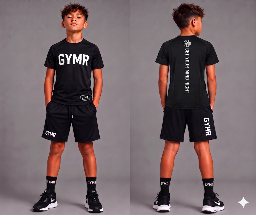 Child wearing a black 'GYMR' t-shirt and shorts set on a gray background