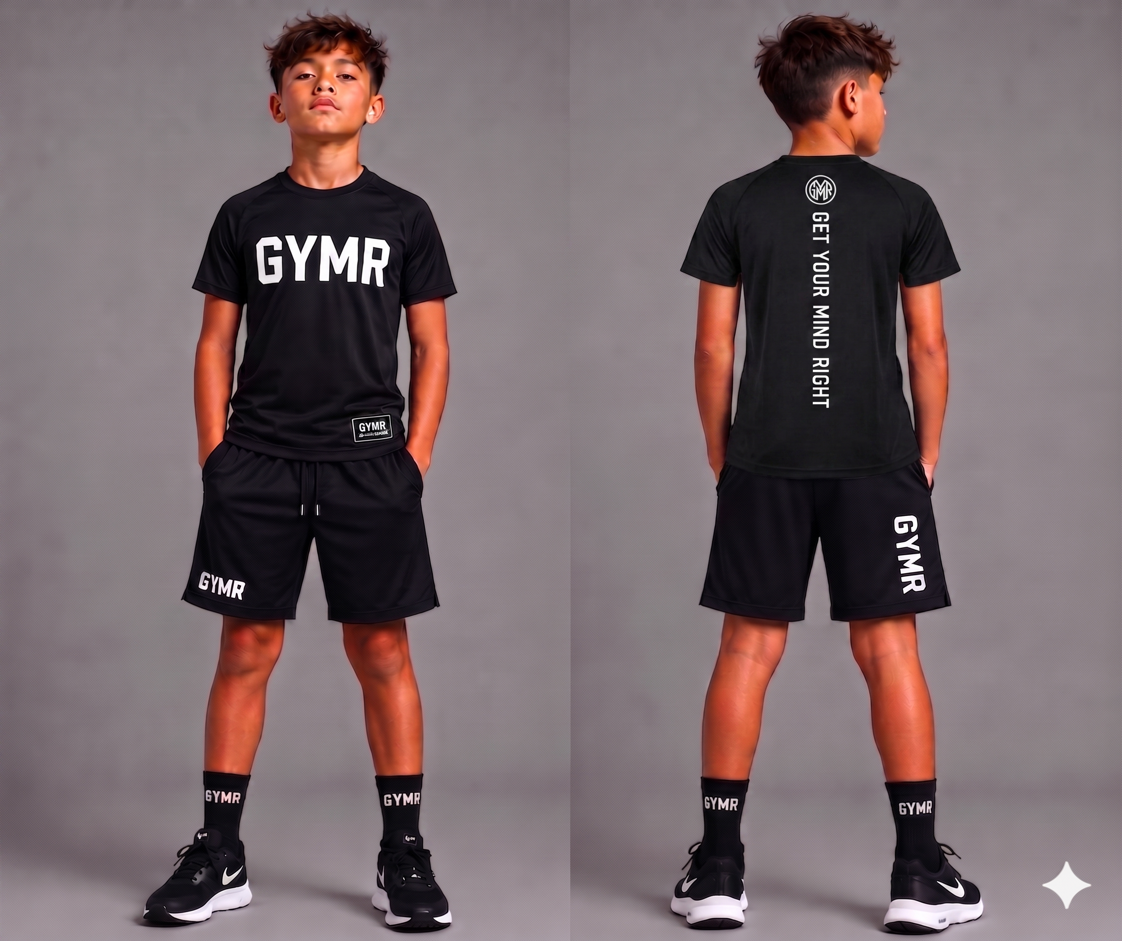 Child wearing a black 'GYMR' t-shirt and shorts set on a gray background