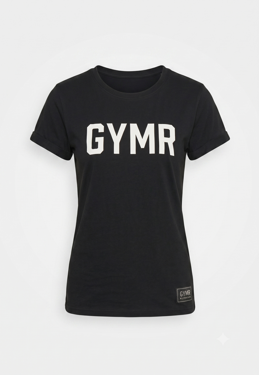 Black t-shirt with 'GYMR' printed on it against a white background