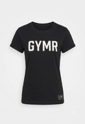 Black t-shirt with 'GYMR' printed on it against a white background
