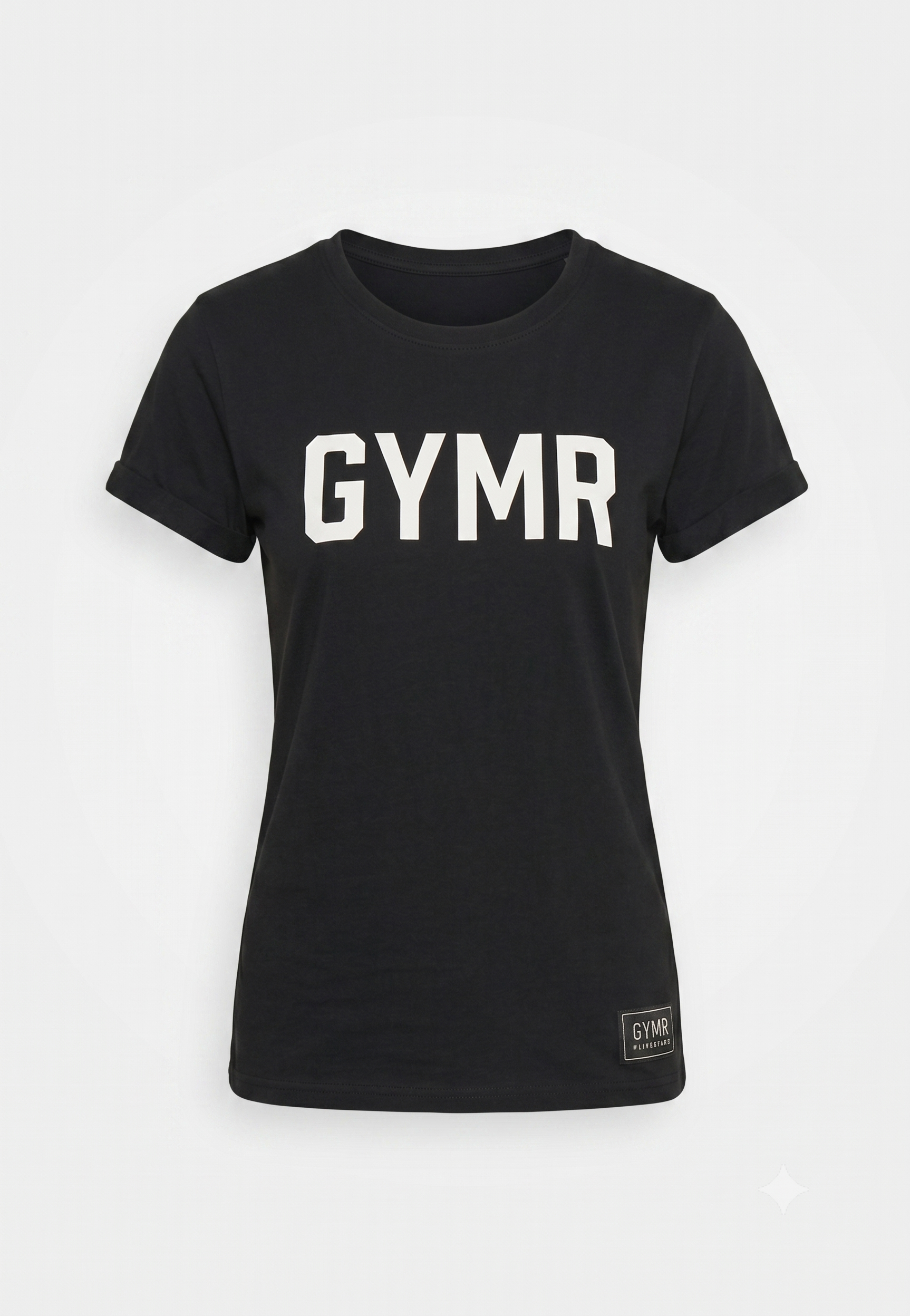 Black t-shirt with 'GYMR' printed on it against a white background