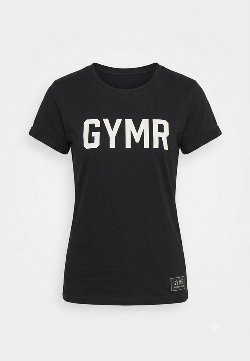 Black t-shirt with 'GYMR' printed on it against a white background