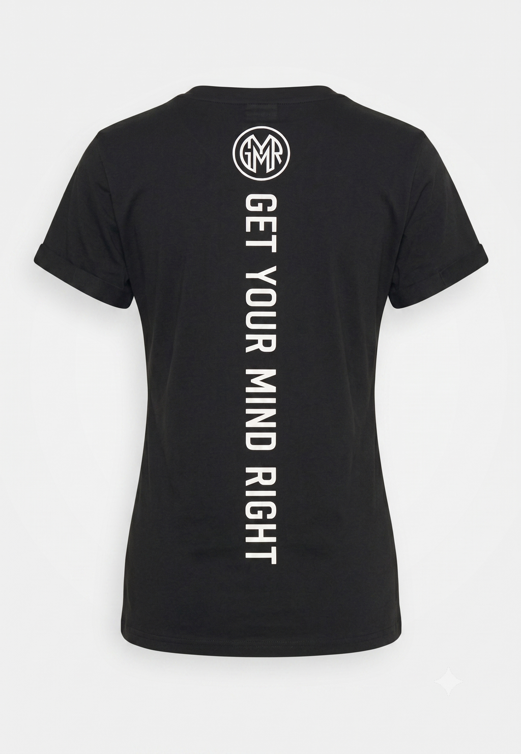 Black t-shirt with text and logo on a white background
