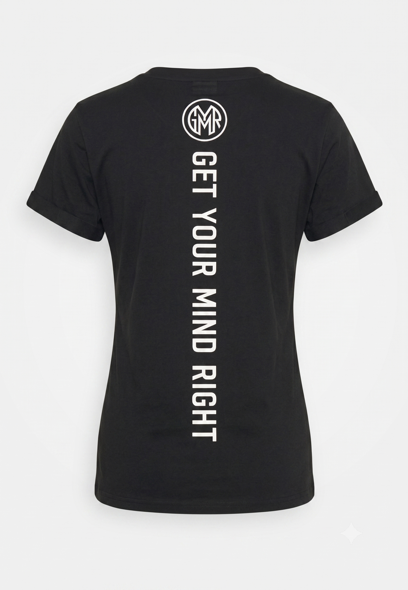 Black t-shirt with text and logo on a white background