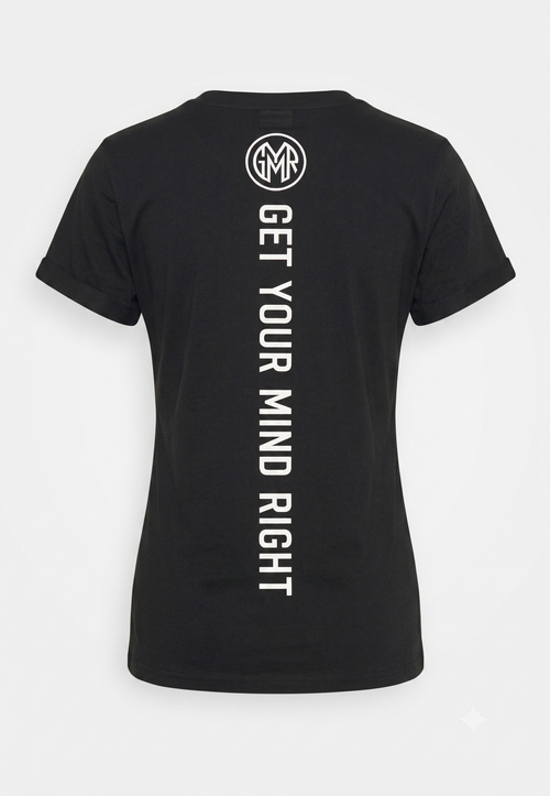Black t-shirt with text and logo on a white background