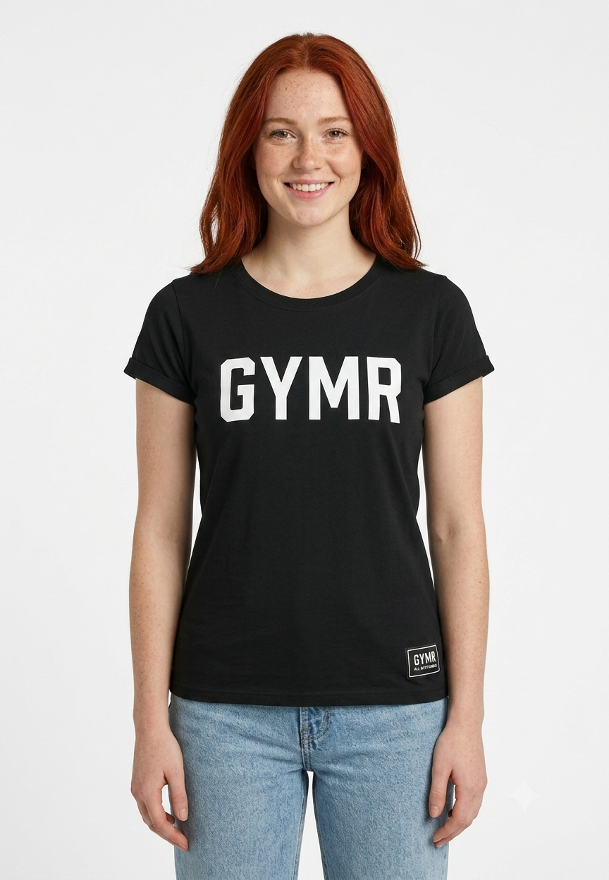 Person wearing a black t-shirt with 'GYMR' printed on it against a white background