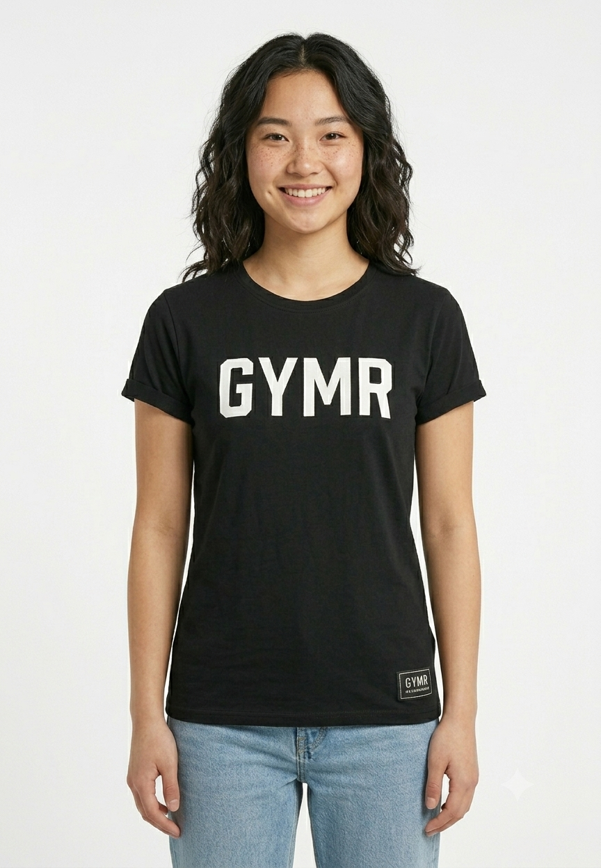 Person wearing a black t-shirt with 'GYMR' printed on it against a white background