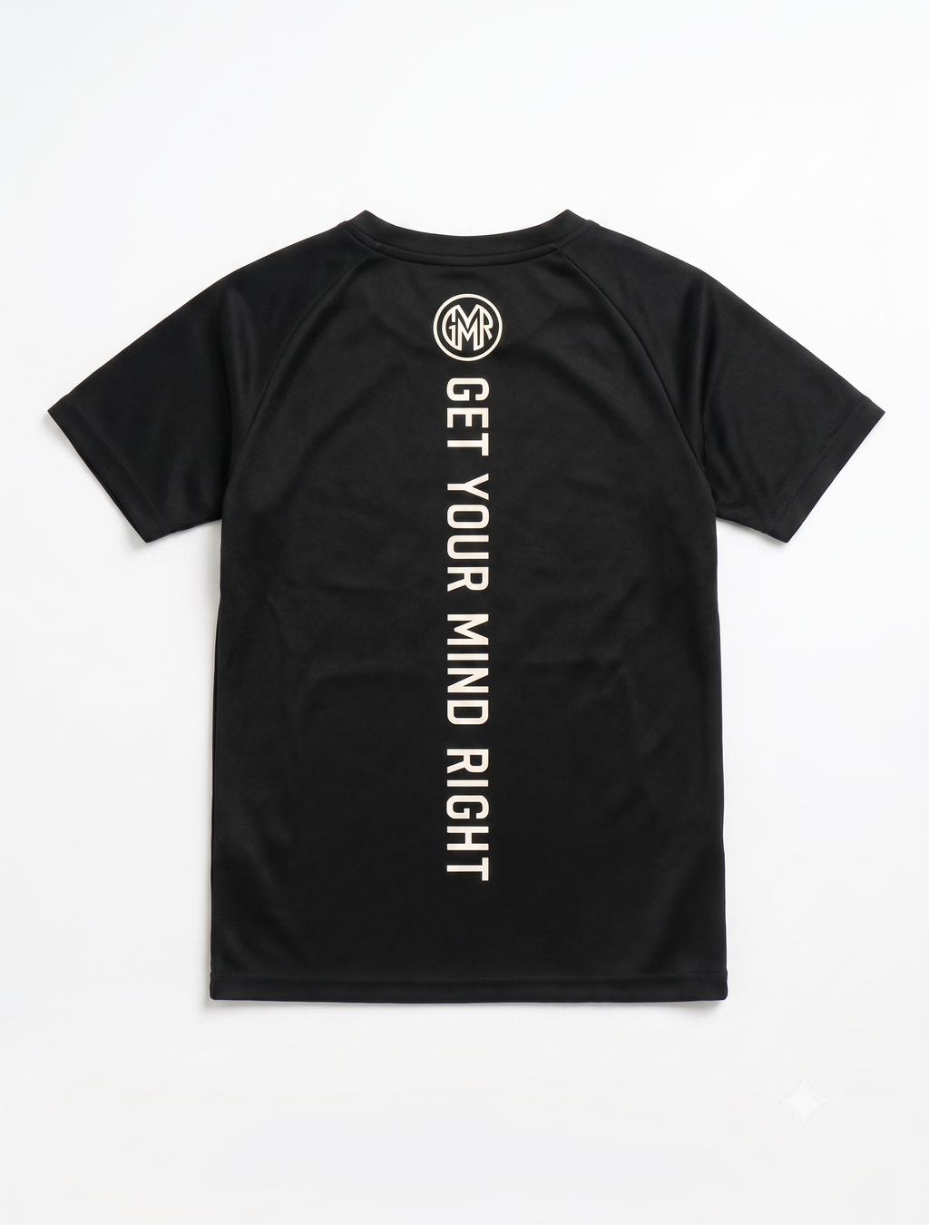 Black t-shirt with text and logo on a white background