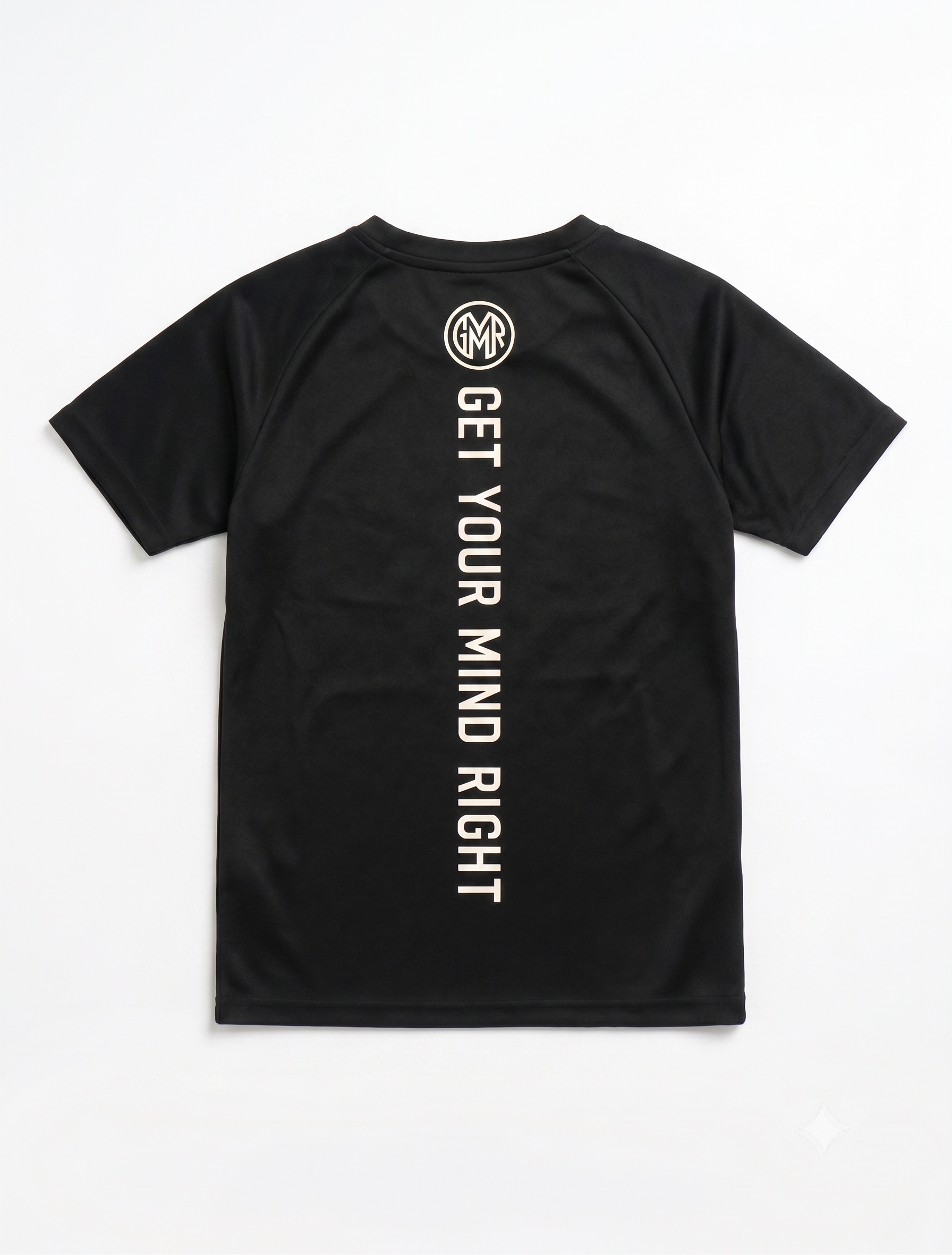 Black t-shirt with text and logo on a white background