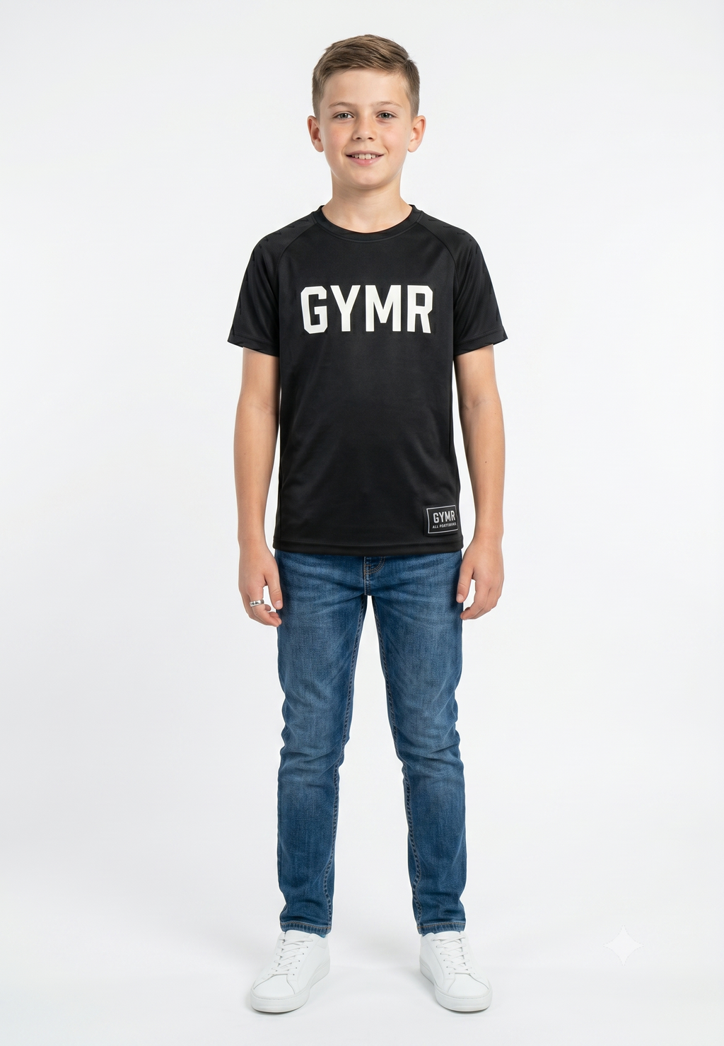 Child wearing a black t-shirt with 'GYMR' and blue jeans on a white background