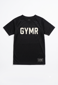Black t-shirt with 'GYMR' printed on it against a white background