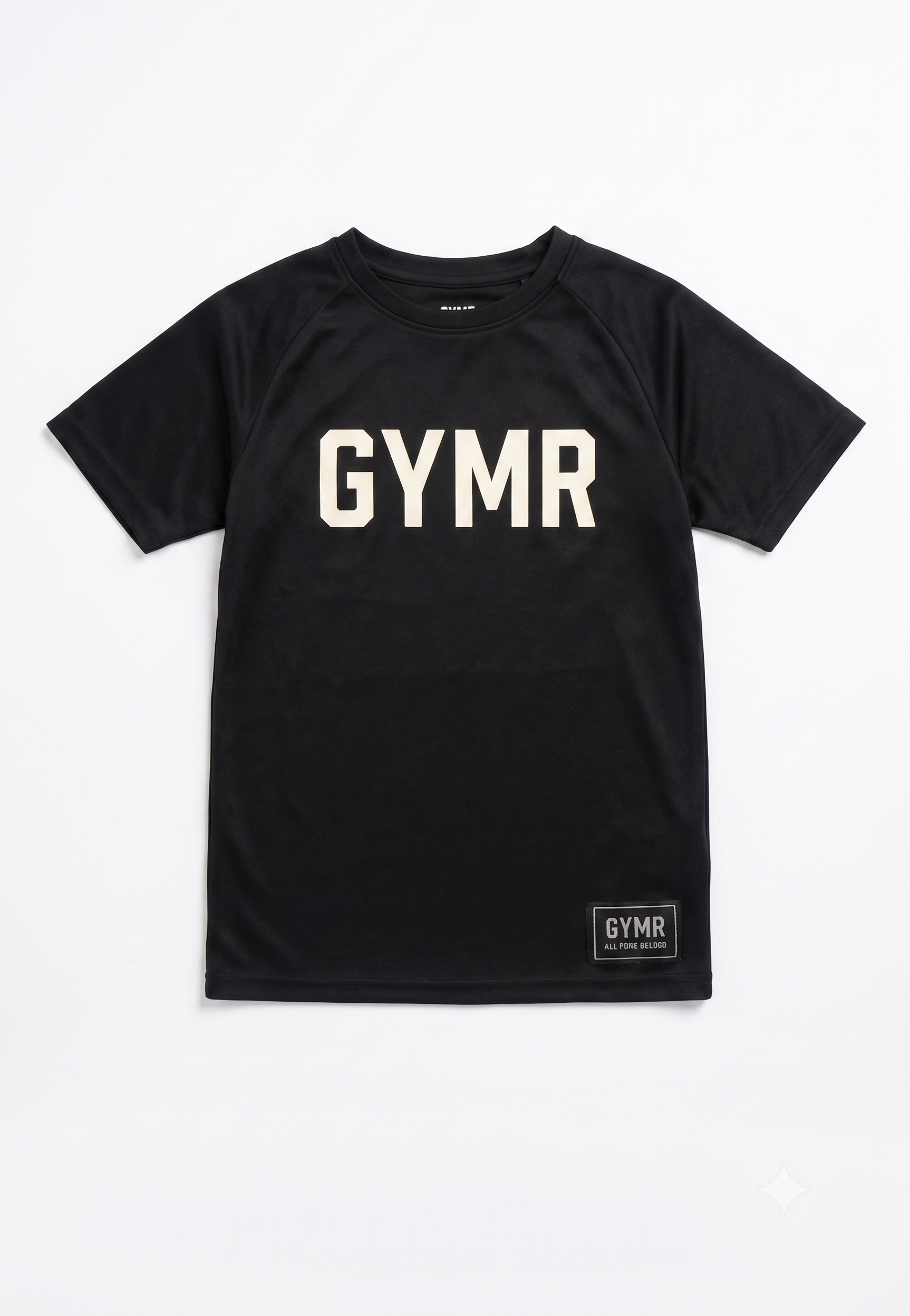 Black t-shirt with 'GYMR' printed on it against a white background
