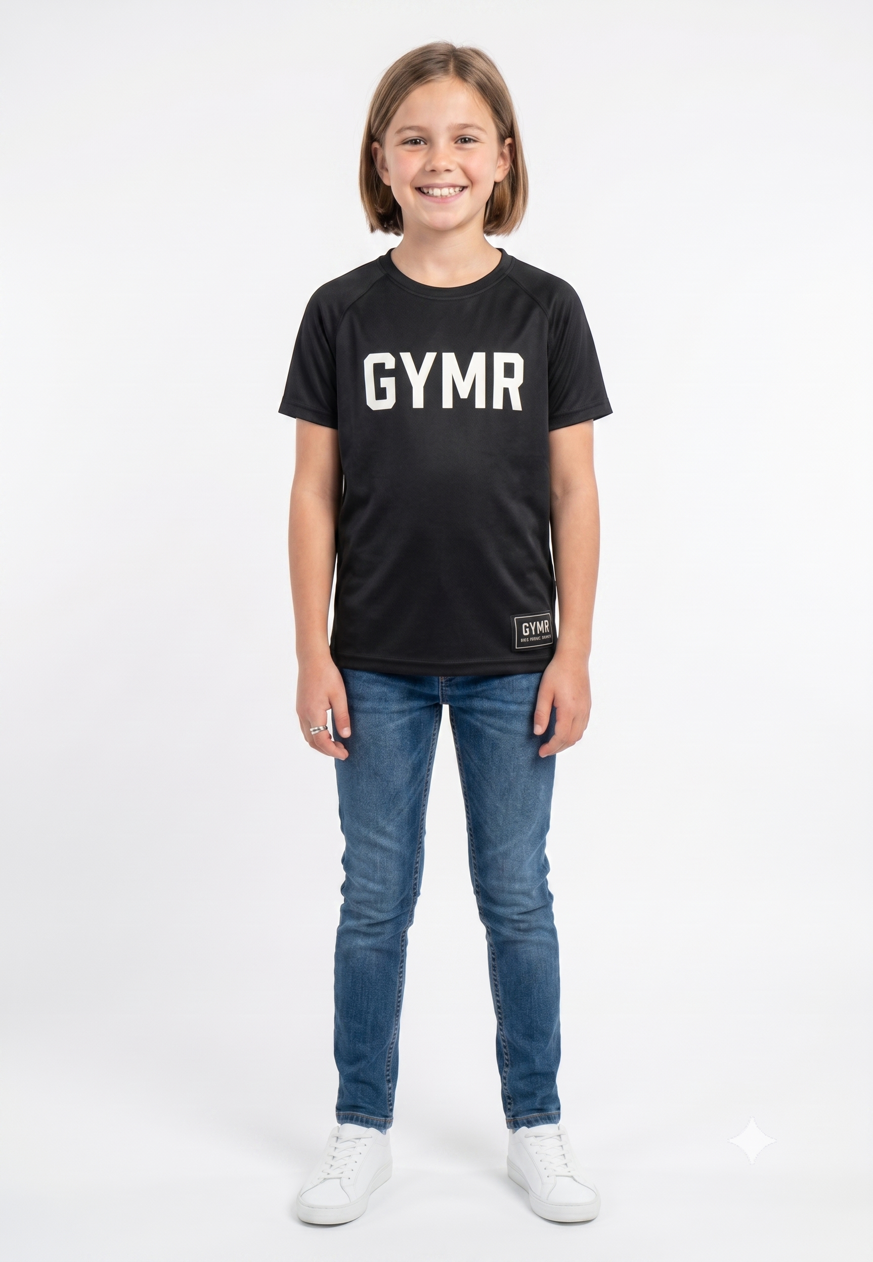 Child wearing a black t-shirt with 'GYMR' text and blue jeans on a white background