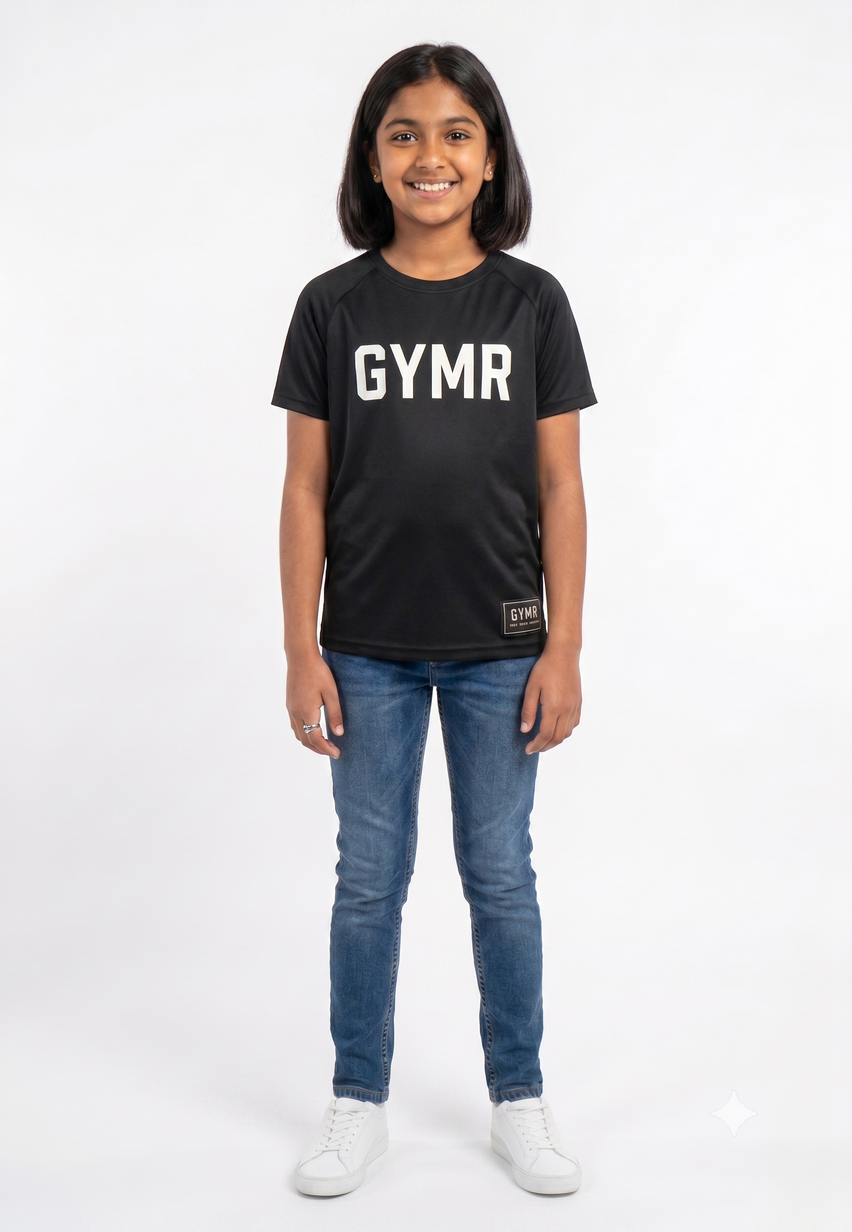 Person wearing a black 'GYMR' t-shirt and blue jeans on a white background