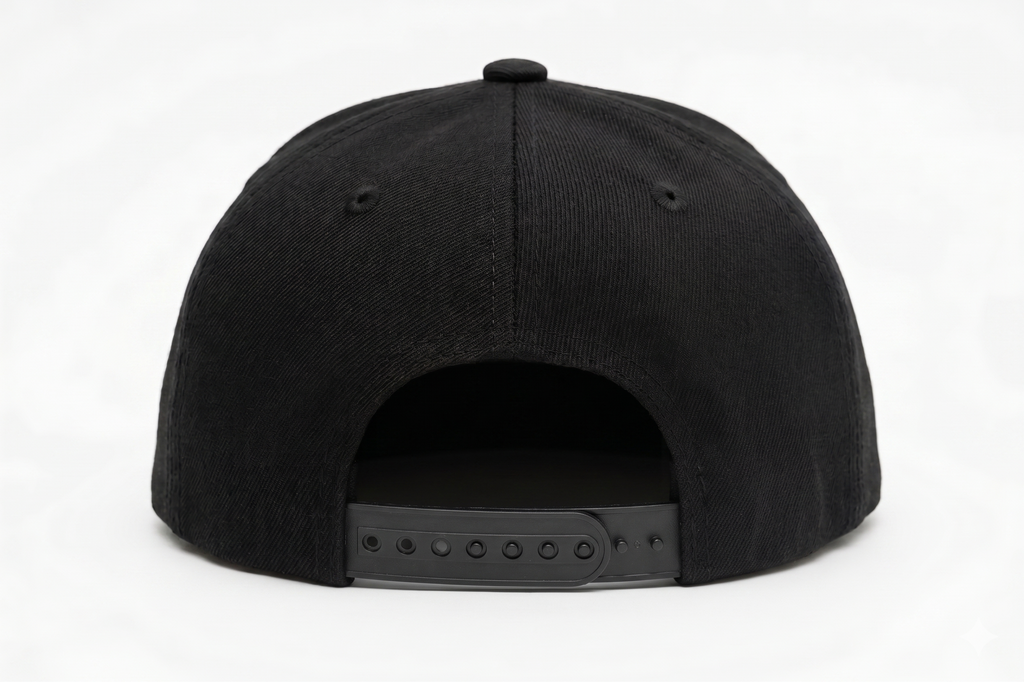 Back view of a structured black snapback hat showcasing the adjustable black plastic snap closure, isolated on a clean white background.