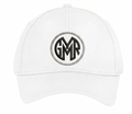 White cap with a black and silver logo on a white background