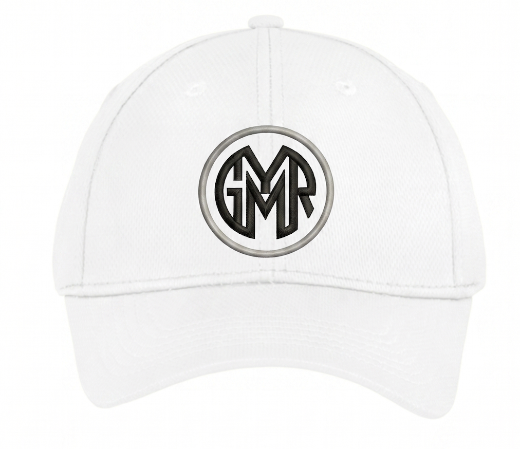White cap with a black and silver logo on a white background