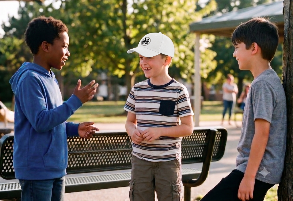 Three boys talking outdoors with a bench and trees in the background