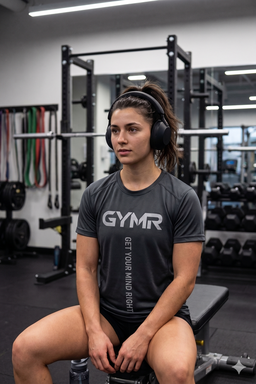 Woman in GYMR shirt with headphones in gym