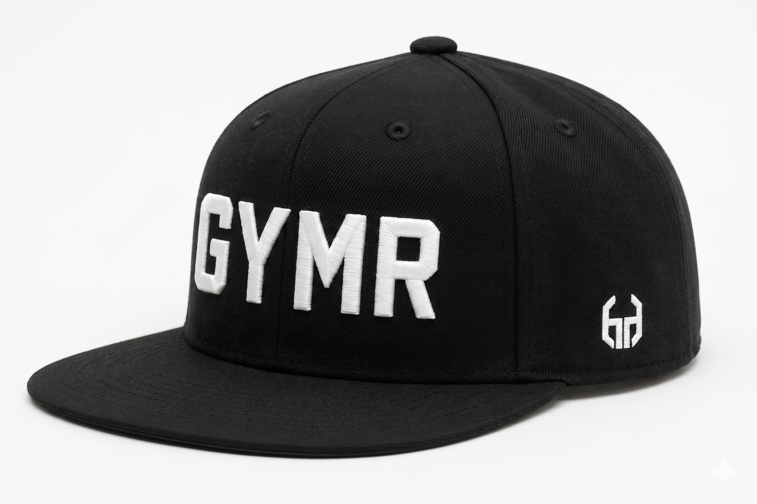 Side profile view of a structured black snapback hat showcasing a small white embroidered geometric brand logo on the panel, with a partial view of the front white GYMR lettering.