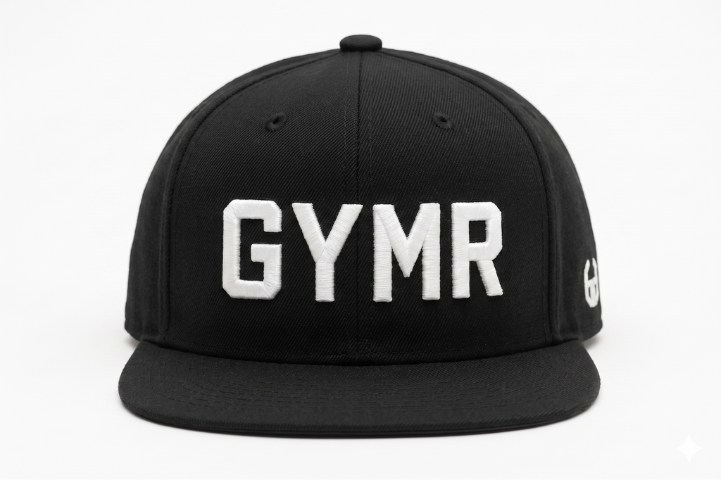 Front view of a structured black snapback hat featuring thick white embroidered GYMR text on the front panels, isolated on a clean white background.