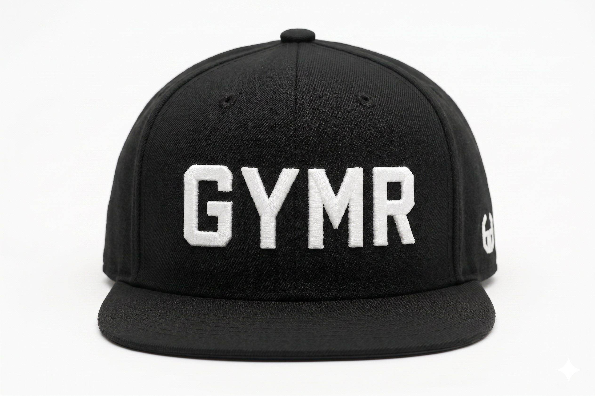 Front view of a structured black snapback hat featuring thick white embroidered GYMR text on the front panels, isolated on a clean white background.