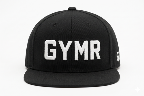 Front view of a structured black snapback hat featuring thick white embroidered GYMR text on the front panels, isolated on a clean white background.