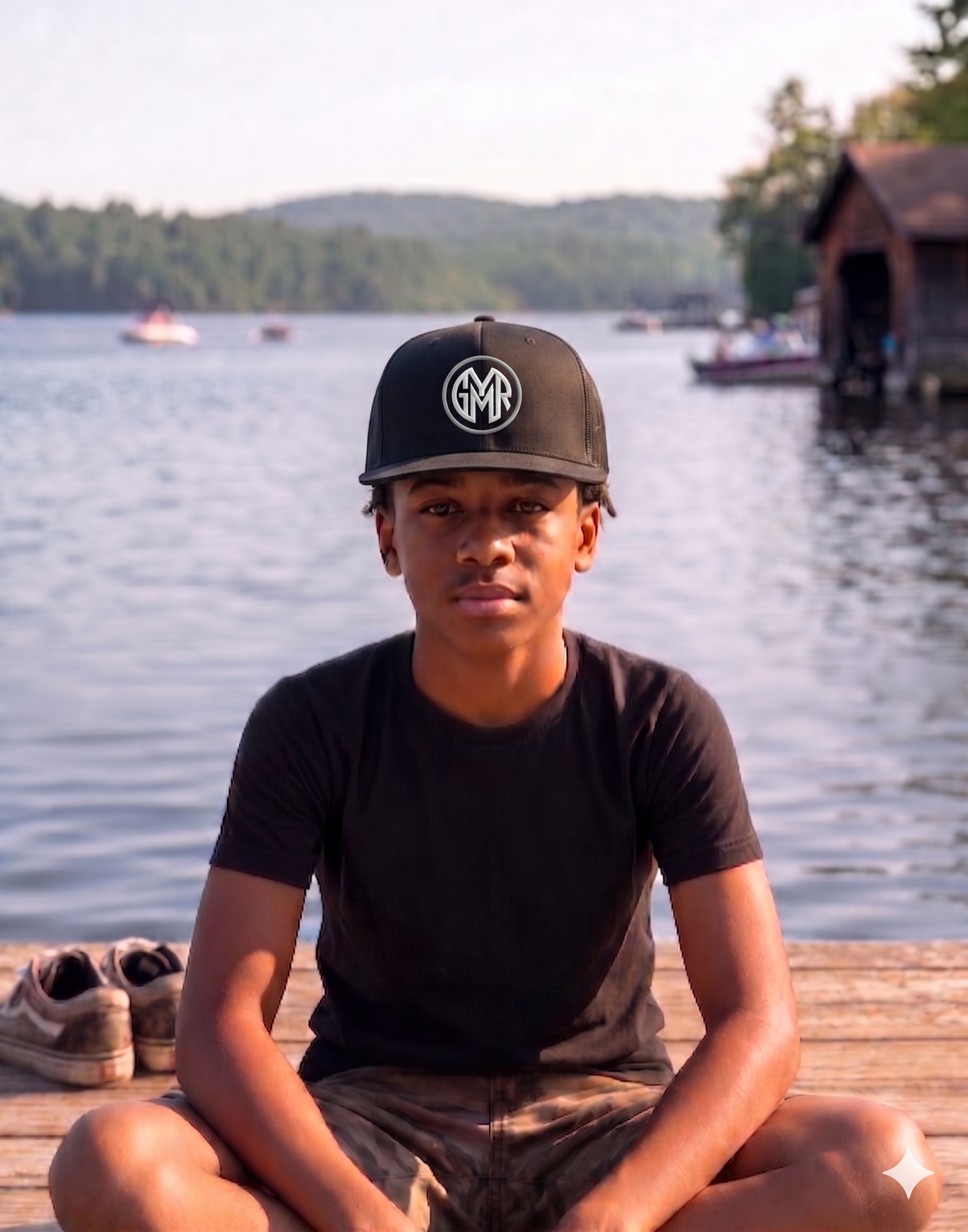 Person sitting on a dock by a lake wearing a GYMR hat with mountains in the background