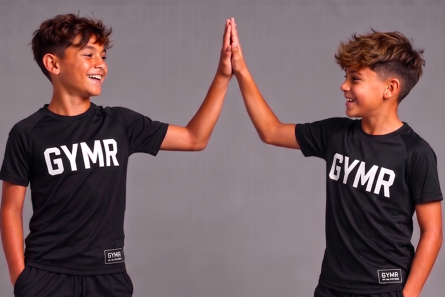 Two children wearing matching black 'GYMR' outfits giving a high-five against a gray background.