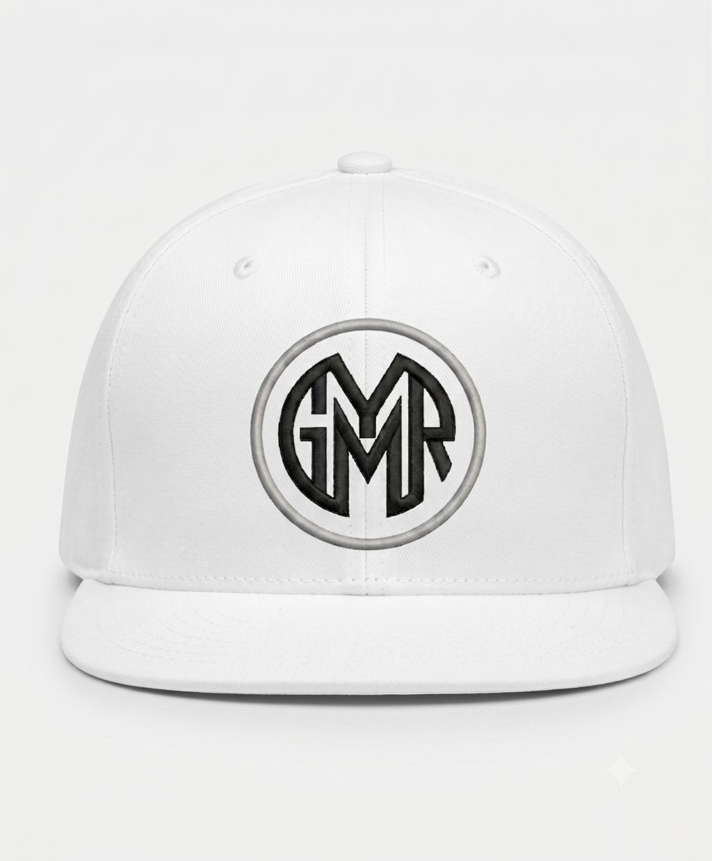 White cap with a black and gray logo on a white background