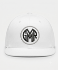 White cap with a black and gray logo on a white background