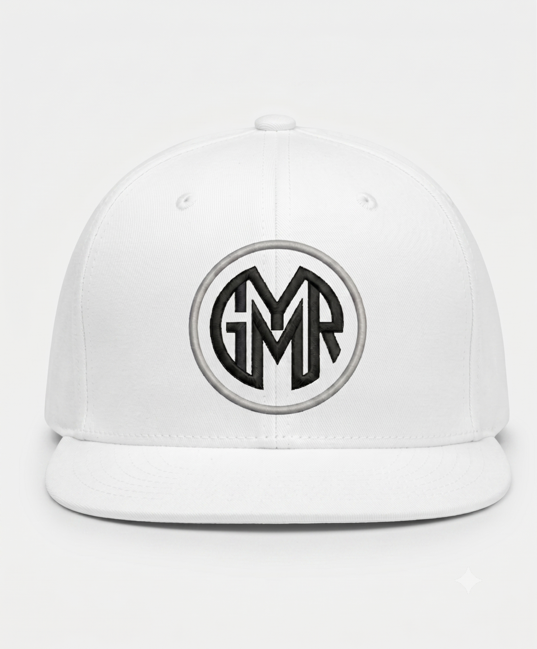 White cap with a black and gray logo on a white background