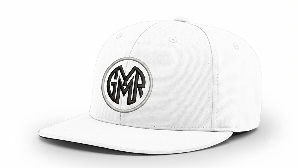 White cap with a black logo on a white background