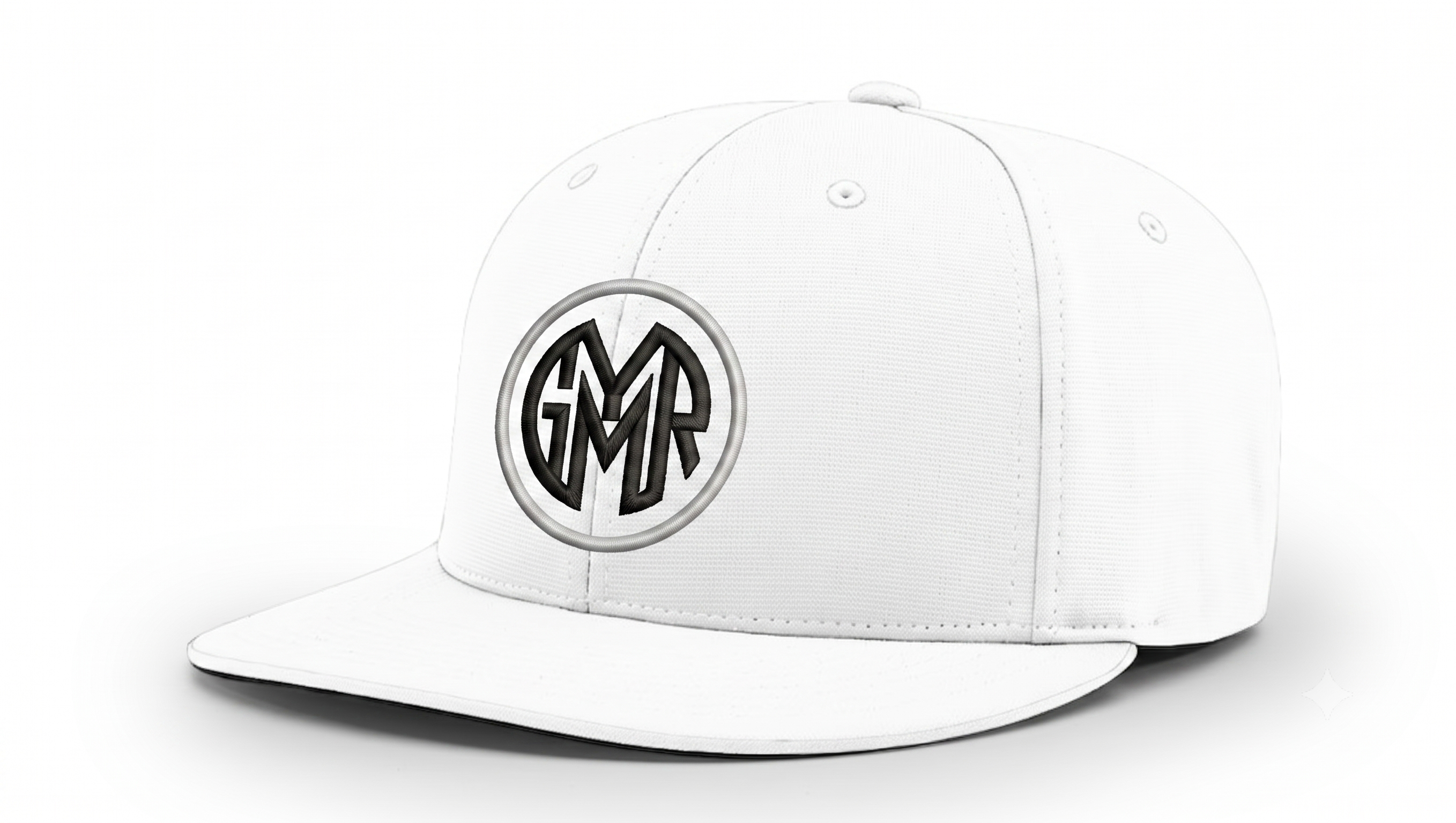 White cap with a black logo on a white background