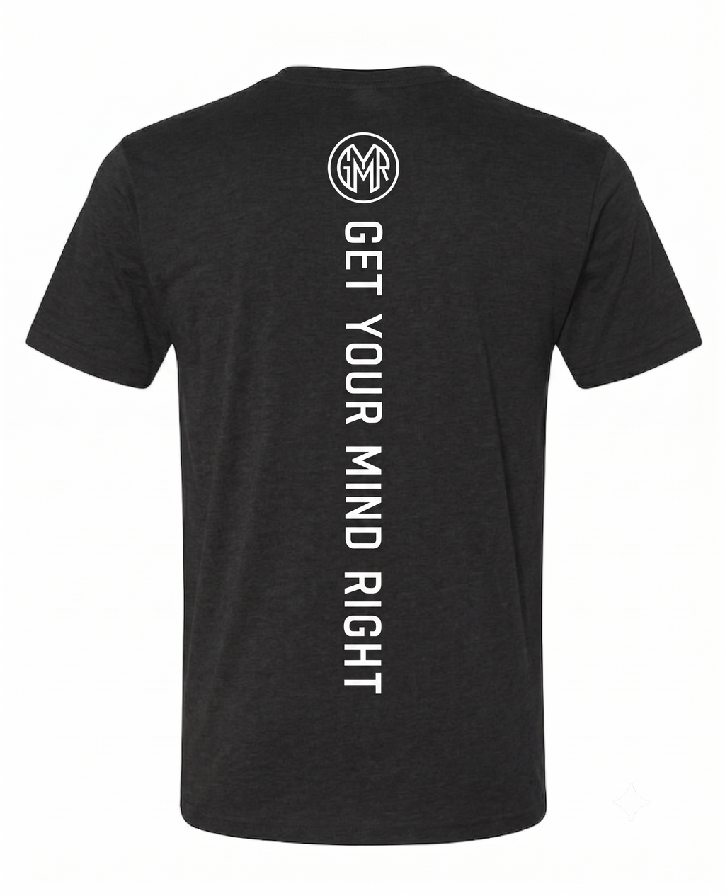 Black t-shirt with 'Get Your Mind Right' text and logo on the back, on a white background