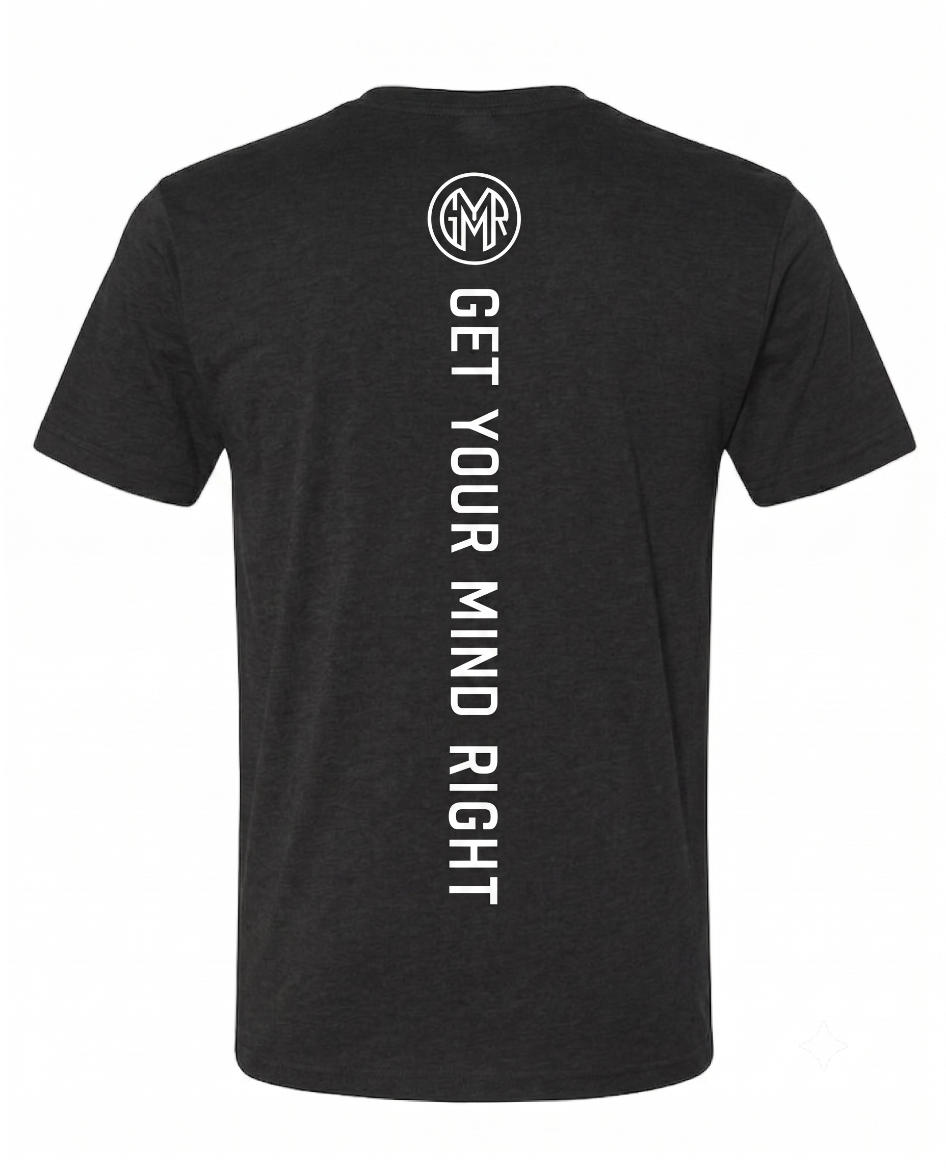 Black t-shirt with 'Get Your Mind Right' text and logo on the back, on a white background