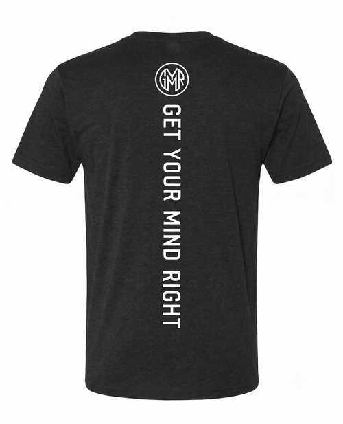 Black t-shirt with 'Get Your Mind Right' text and logo on the back, on a white background