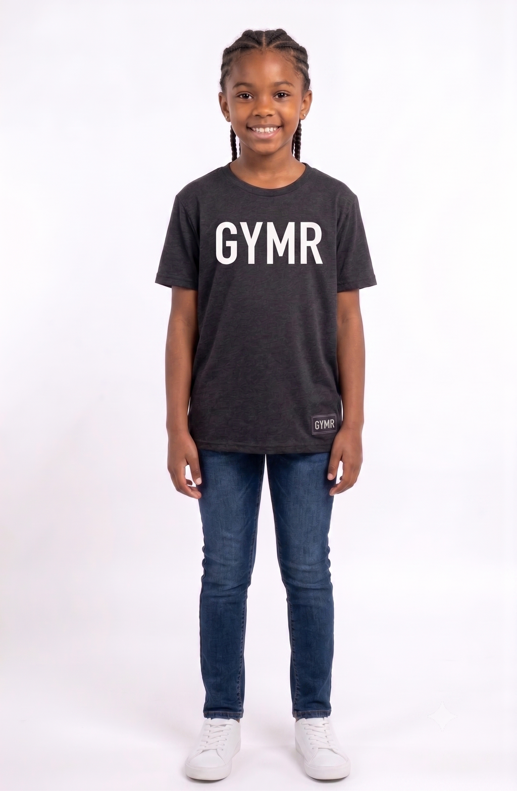 Child wearing a black t-shirt with 'GYMR' printed on it against a white background