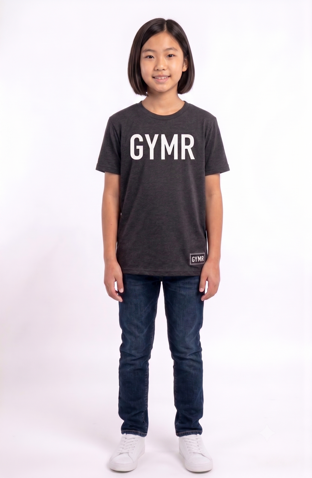 Child wearing a black t-shirt with 'GYMR' printed on it against a white background