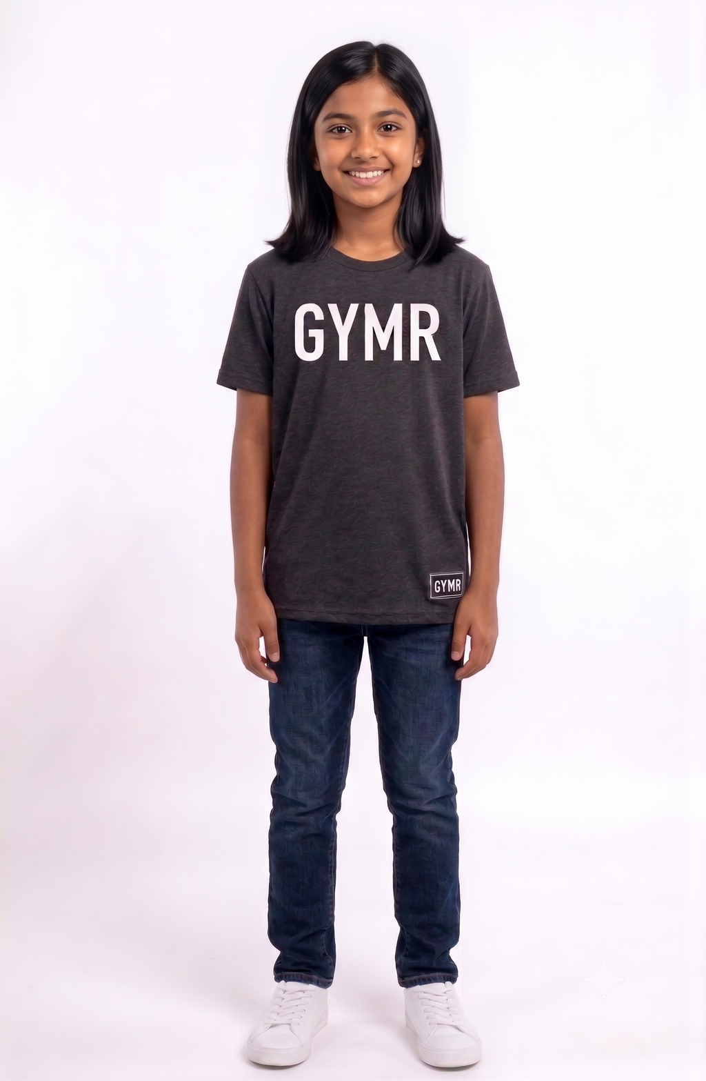 Person wearing a dark gray t-shirt with 'GYMR' printed on it, standing against a white background.