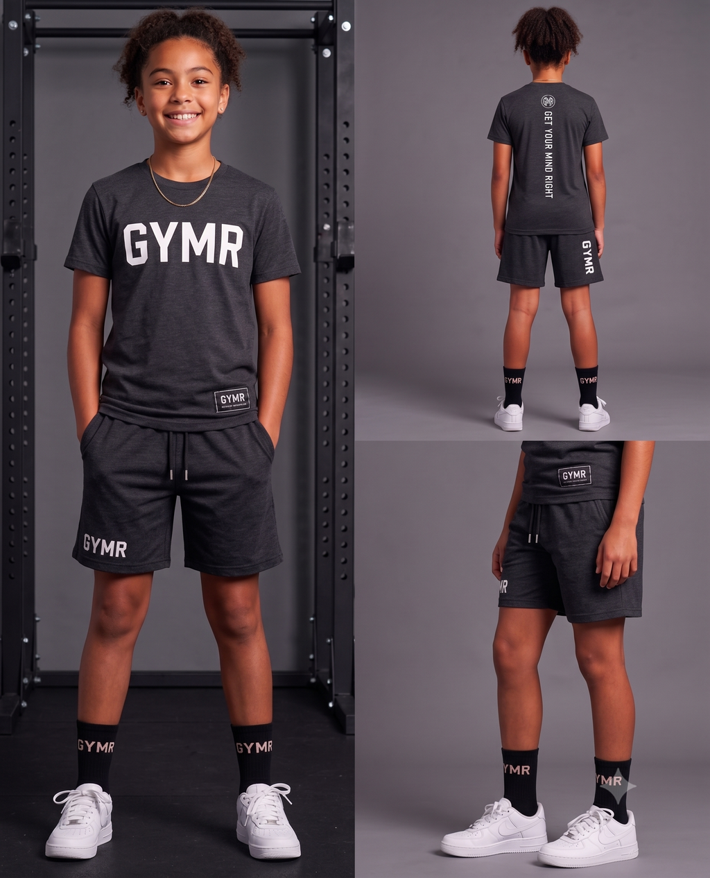 Child wearing a black 'GYMR' t-shirt and shorts set with white sneakers on a gray background.