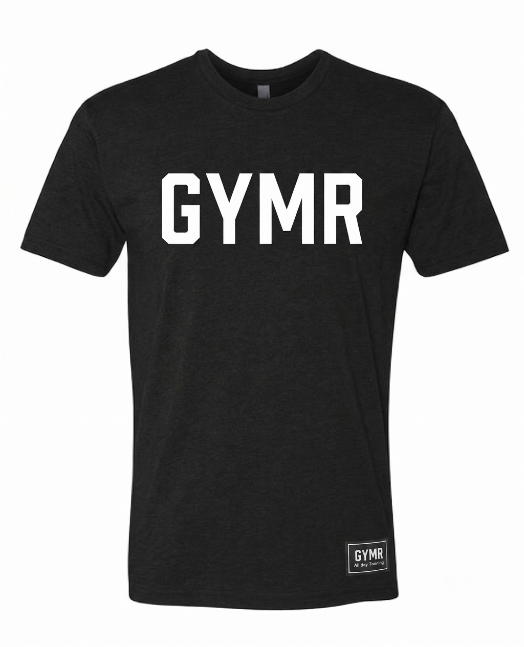 Black t-shirt with 'GYMR' printed on it against a white background